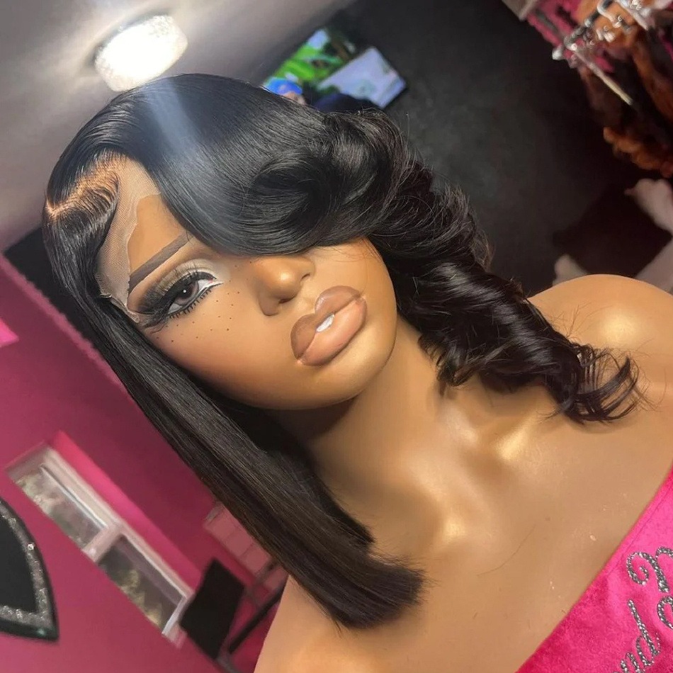 Wear And Go Wig With Layered Bang Glueless Ready To Wear Bone Straight Bob Wig Human Hair 360 Full lace Wigs For Women 13x6 HD Lace Frontal Wig Human 