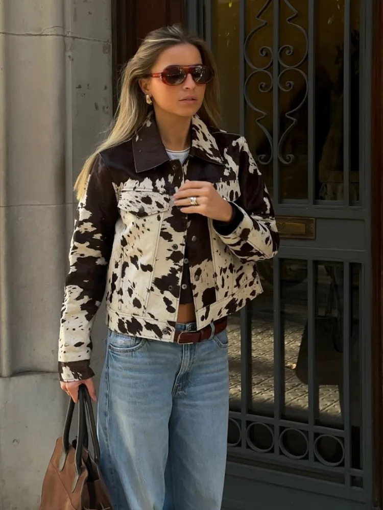 Autumn Winter Animal Cow Printed Coats For Women Elegant Single Breasted Turn Down Collar Jacket Lady Chic Street Outerwear 250909