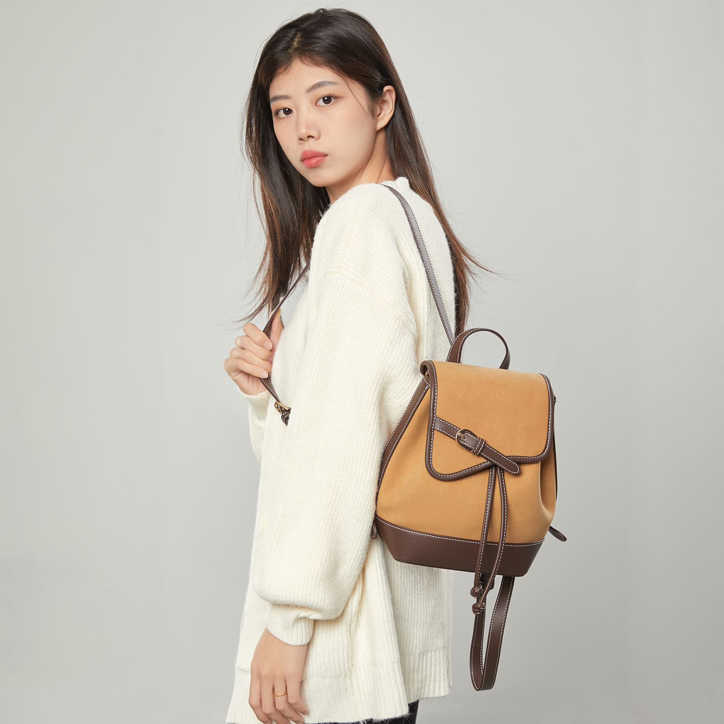 Sewafox Women's Backpack Casual Leather Backpack Waterproof Small Backpack Truffle Color Paired With Milk Tea Color