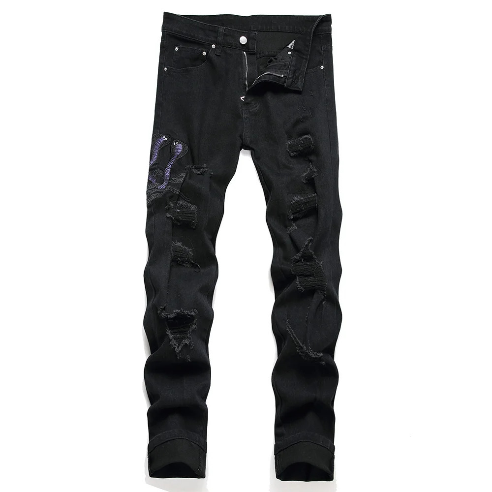 Men Snake Embroidery Jeans Streetwear Black Stretch Denim Pants Holes Ripped Distressed Slim Straight Trousers 250909
