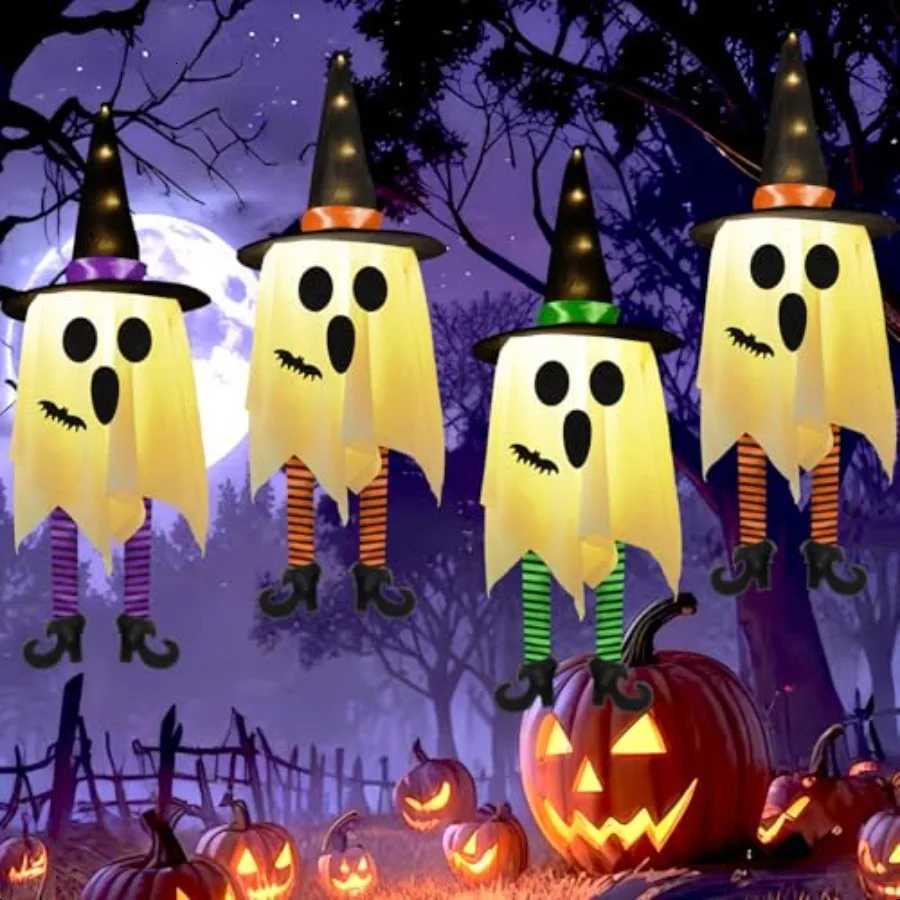 3pcs Halloween Hanging Ghosts Outdoor Decorations Ghosts of Halloween with Witch Hat Outdoor Hanging Ghost Decor Glowing Ghost H250908
