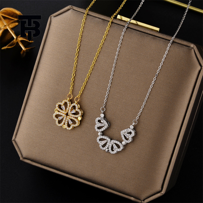 TB BHULAMTE Free Shipping New Designer Accessories Full Diamond Small Heart Multi-wear Heart Clover Necklace For Women Titanium Steel Clavicle Chain