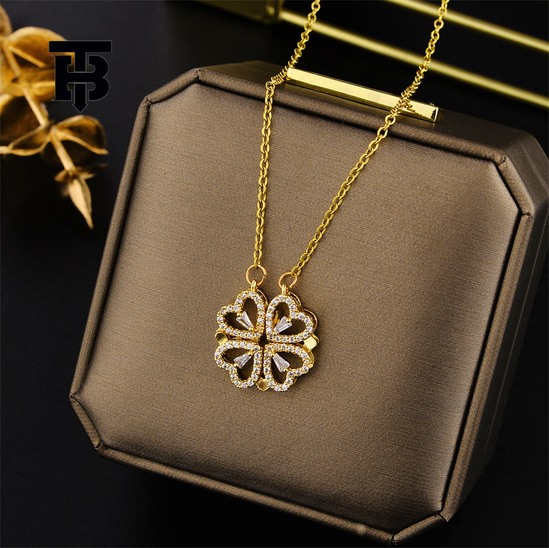 TB BHULAMTE Free Shipping New Designer Accessories Full Diamond Small Heart Multi-wear Heart Clover Necklace For Women Titanium Steel Clavicle Chain