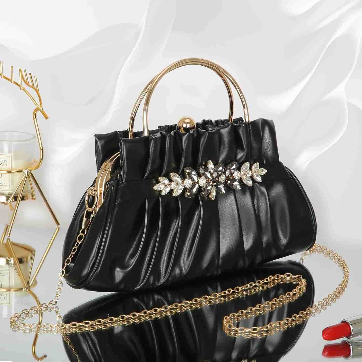 Rhinestone Evening Bags Womens Pleated Clutch Purses Vintage Leather Handbags Z25909