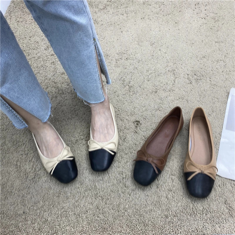 35-45 Flat Womens Spring Autumn Bow Square Toe Shallow Ladies Shoes Loafers Women Zapatos Mujer