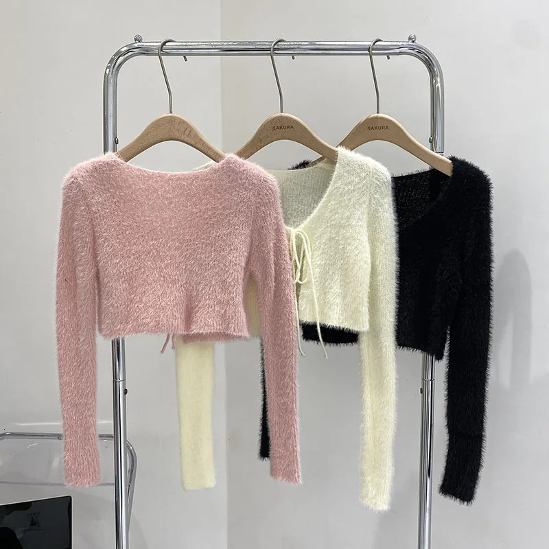 2026 Autumn Women Vneck Long Sleeve Knitted Sweaters Bow Lace Up Solid Color Slim Short Casual Cardigans Tops 250911