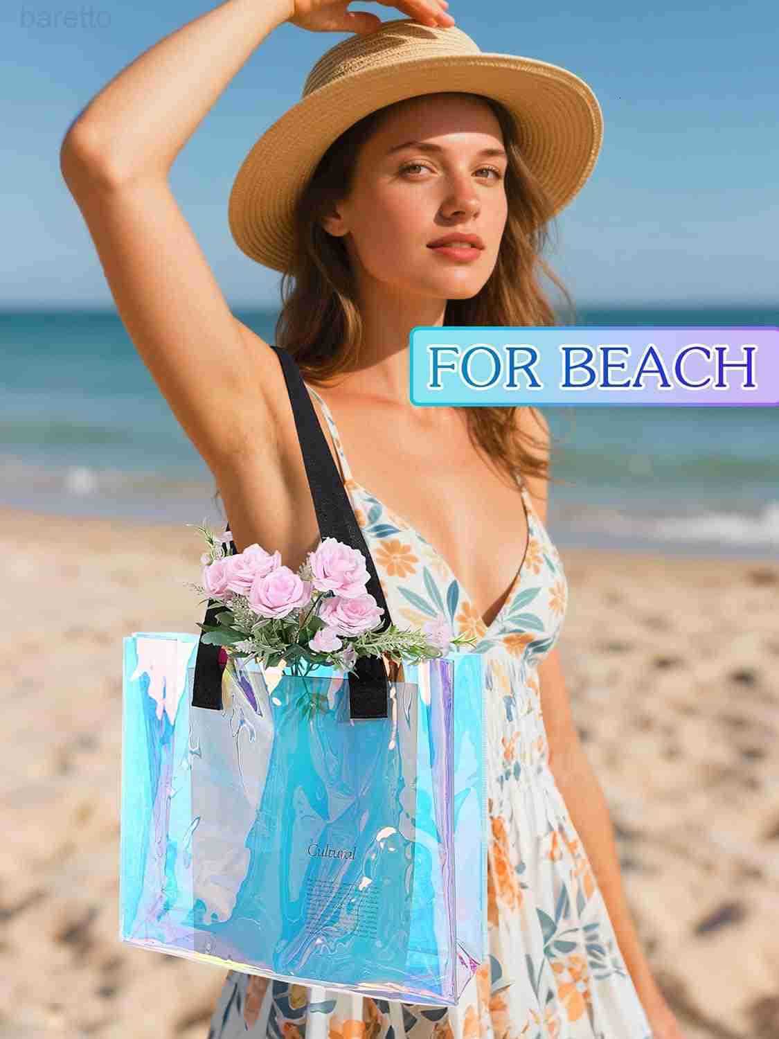 Holographic Clear Tote Bag Large Iridescent Shoulder Handbags for Waterproof Sandproof Beach Party Favor Bags Z250909