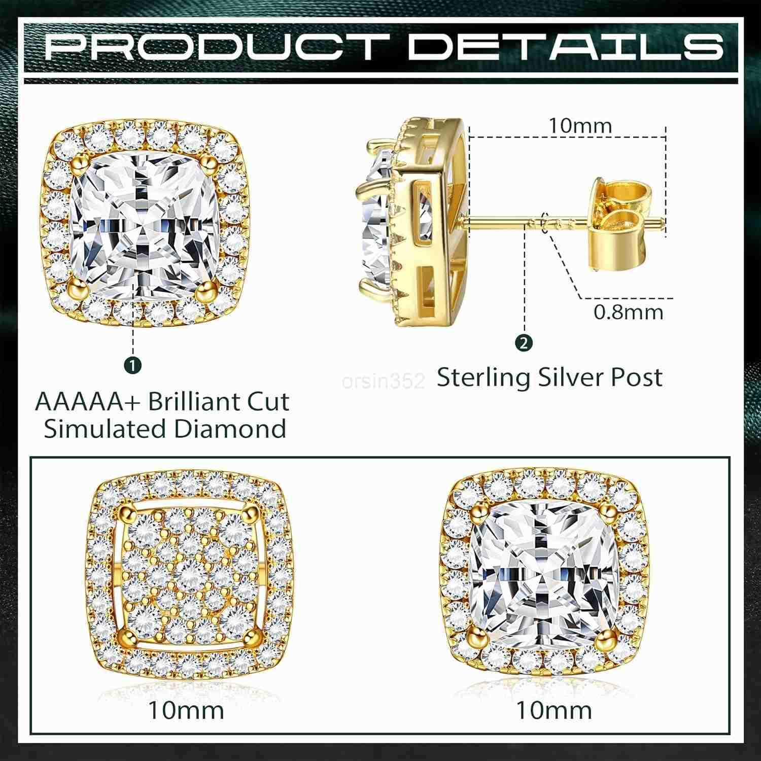 Cubic Zirconia Stud Earrings for Men Women 14K Gold Plated Hypoallergenic 925 Sterling Silver Post Earrings Set Iced Out Round Square CZ Studs Simulat
