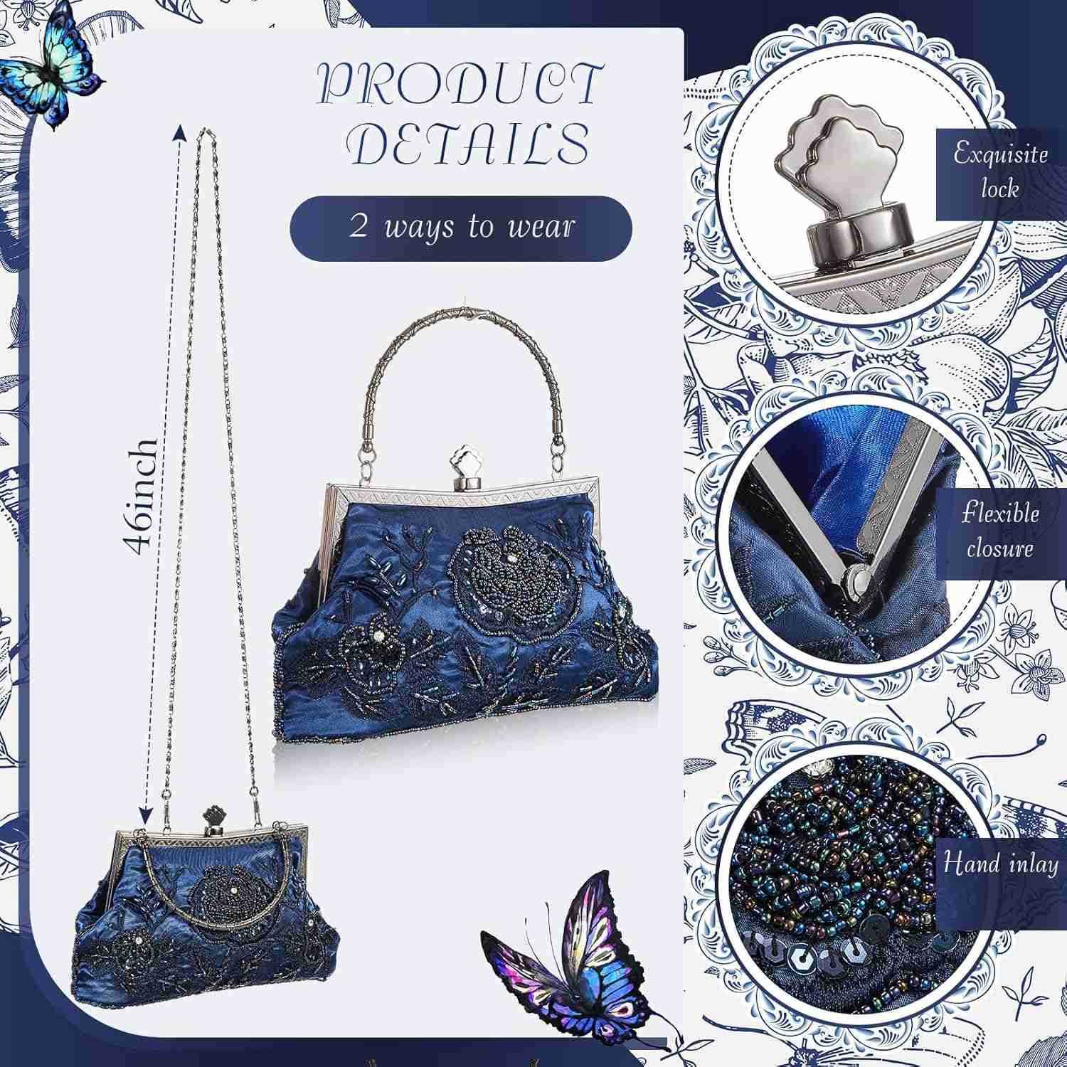 Beaded Clutch 86 x 52 x 28 Inch Vintage Embroidery Evening Bag Sequin Rhinestone Clutch Purse Floral Crossbody Bag Z25909