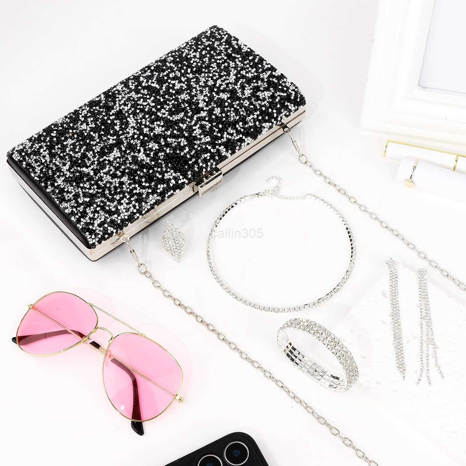 5pcsset Jewelry Purse Set For Women Handbags Clutch Rhinestone Diamond Necklaces Bracelets Earrings Ring Set Wedding Bridal Prom Homecoming Costume Je