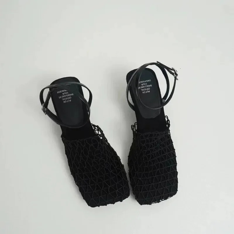 Summer Fashion er Sandals Womens Lace Mesh Square Toe Shallow Narrow Strap Braided Slipon High Heels Sandals 250908