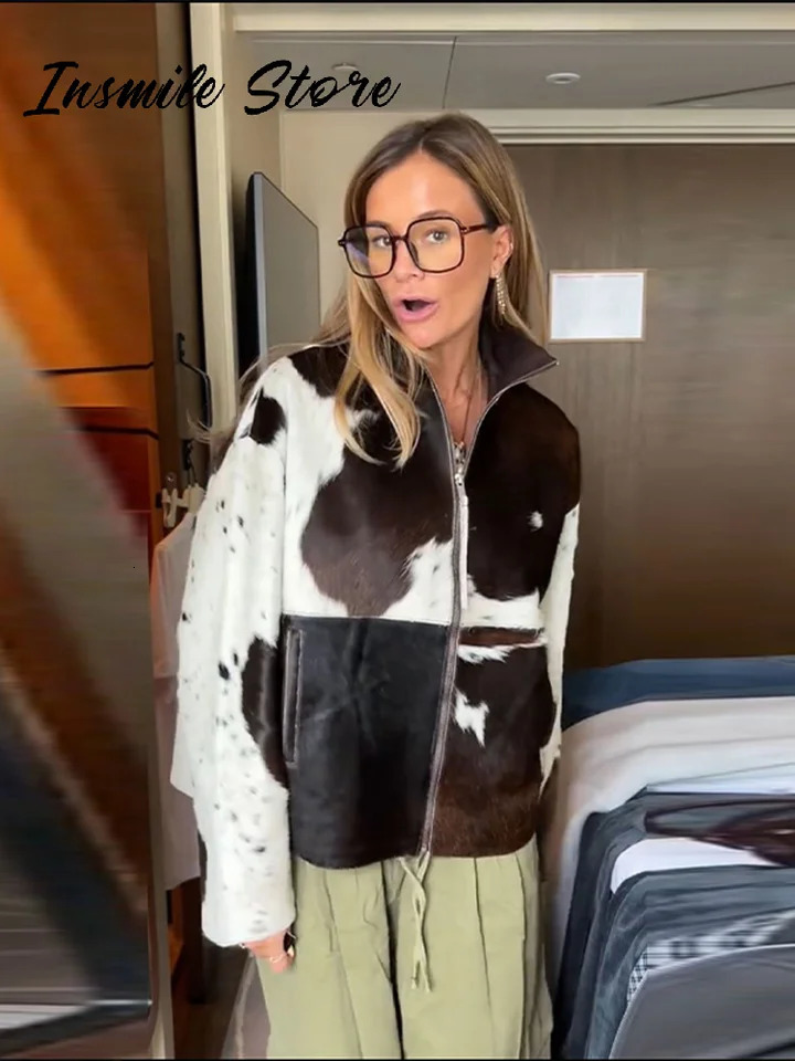 Chic Cow Pattern Zipper Short Jacket Women Lapel Full Sleeve Pockets Loose Coat Female Autumn Lady Street Outwear 250909