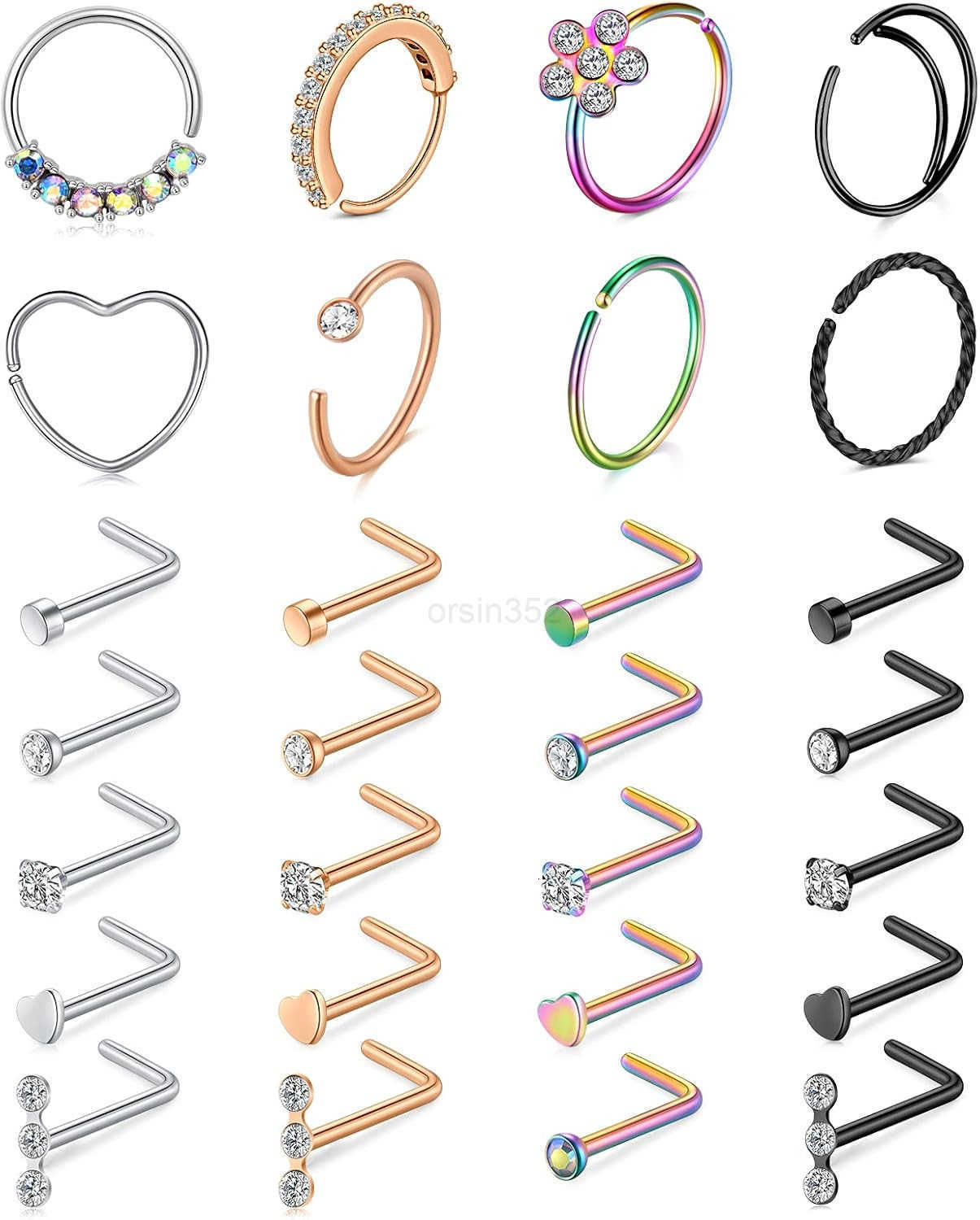 20g Nose Rings Hoops And Studs For Women Men Hypoallergenic 316L Surgical Stainless Steel L Shape Nose Screw Bone Silver Rose Gold Black Rainbow Pack 