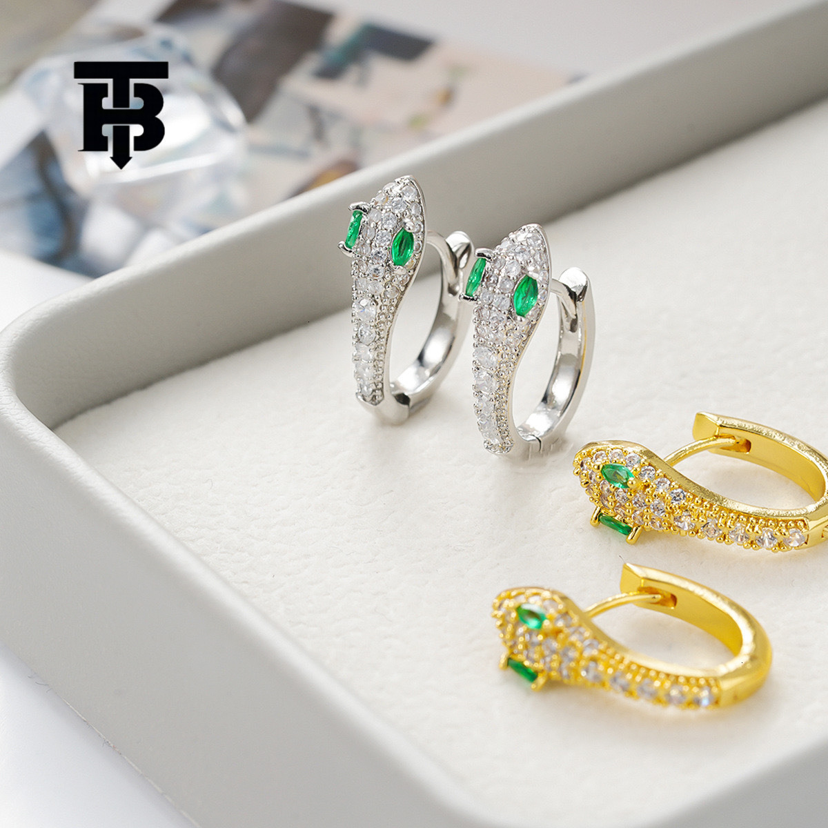 TB BHULAMTE Free Shipping New Designer Accessories Light Luxury Micro Inlaid Zircon Serpentine Ring Earrings Women's Ear Clips Creative Design Ea