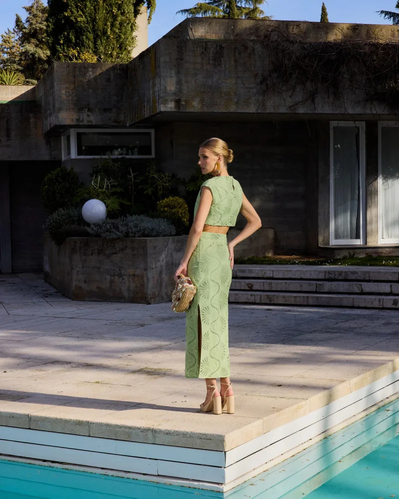 ETJ womens elegant and gentle hollow y round neck jacket high waist slit skirt fashion casual suit 250909