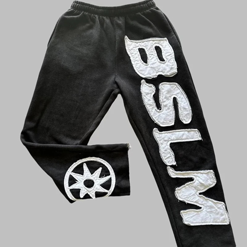 United States Spring Loose Straight Women Casual Letters Embroidered Flowers High Street Fashion Elastic Waist Casual Pants 250818