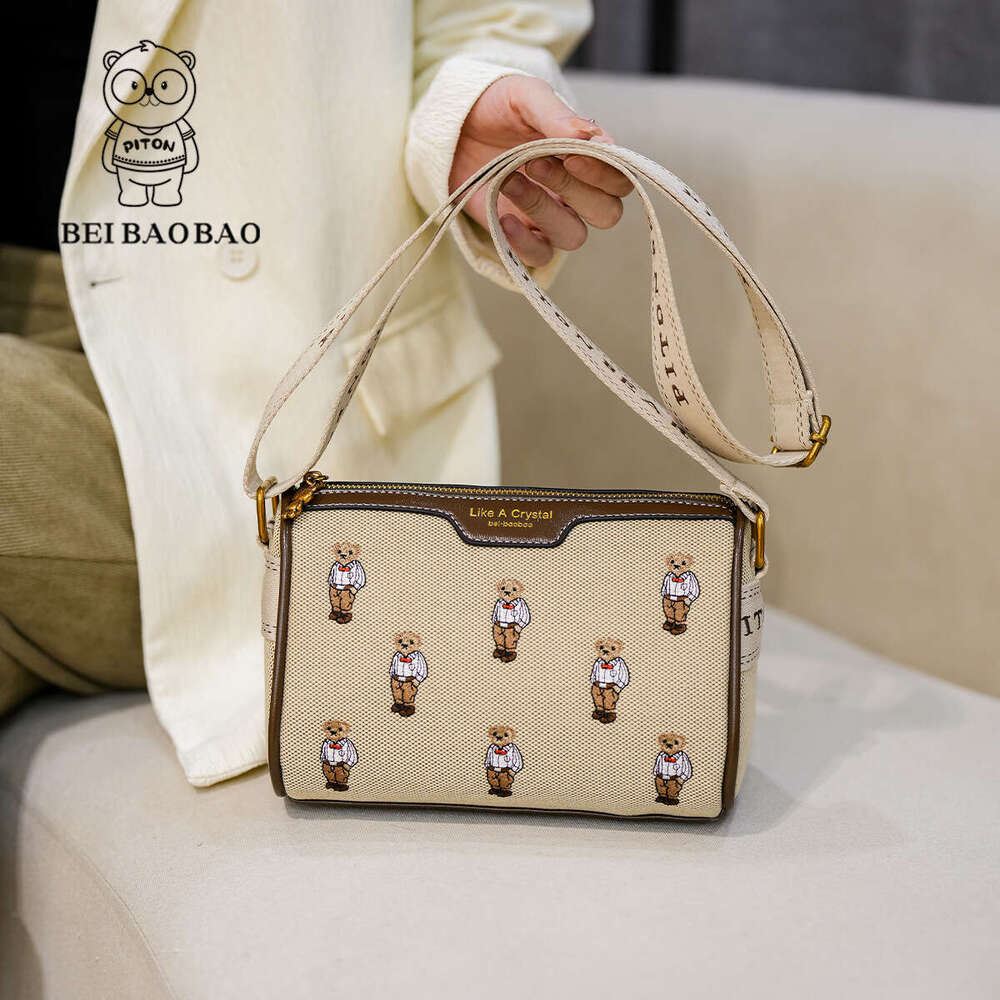 Color-Block Beibao Canvas Embroidery Wide Strap For Women 2024 Casual Cartoon Single Shoulder Crossbody Bag