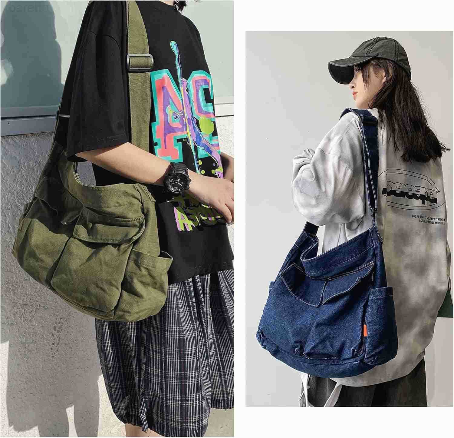 Canvas Messenger Bag Large Hobo Bag Crossbody Shoulder Bag Tote Bag with Pocket for Women and Men Z250909