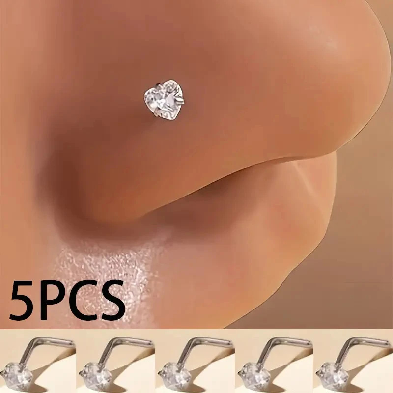 Steel Mini Heart LRod Nose Stud Exquisite Shiny Zirconia Nose Nostril Piercing Heart Nose Screw Ear Stud Body Jewelry 250909