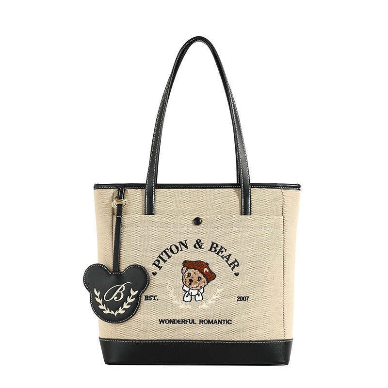 Canvas Beibao Fashion Jacquard Embroidery Cartoon Bear Tote For Women Commuting Shoulder Bag