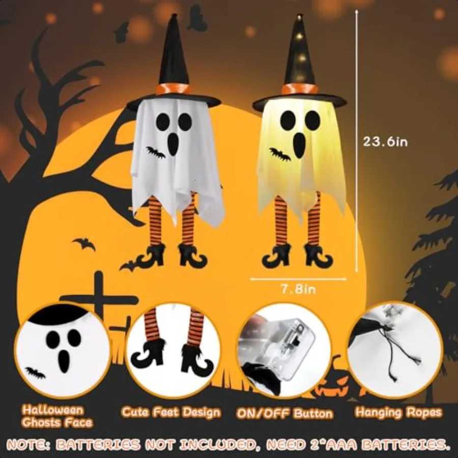 3pcs Halloween Hanging Ghosts Outdoor Decorations Ghosts of Halloween with Witch Hat Outdoor Hanging Ghost Decor Glowing Ghost H250908