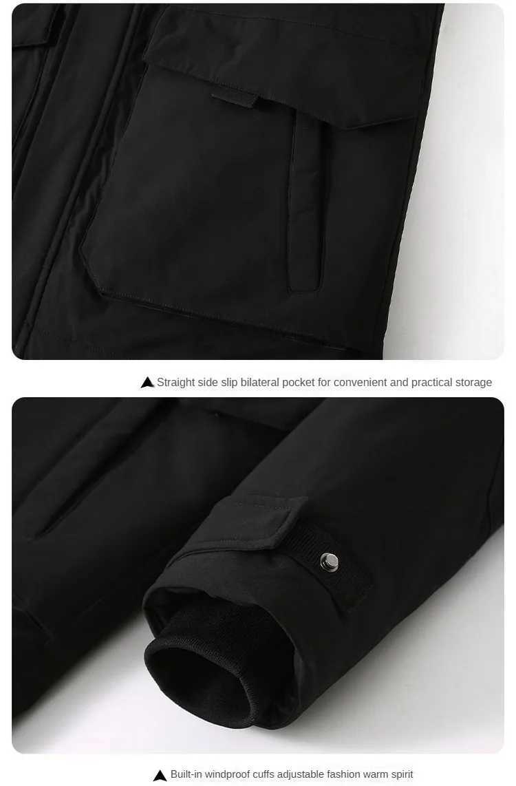 Mens Down Jacket Autumn Winter New Solid Color Work Style MultiPocket Outdoor Travel Hooded Fur Collar Jacket Mens Parka CoatXJ250909