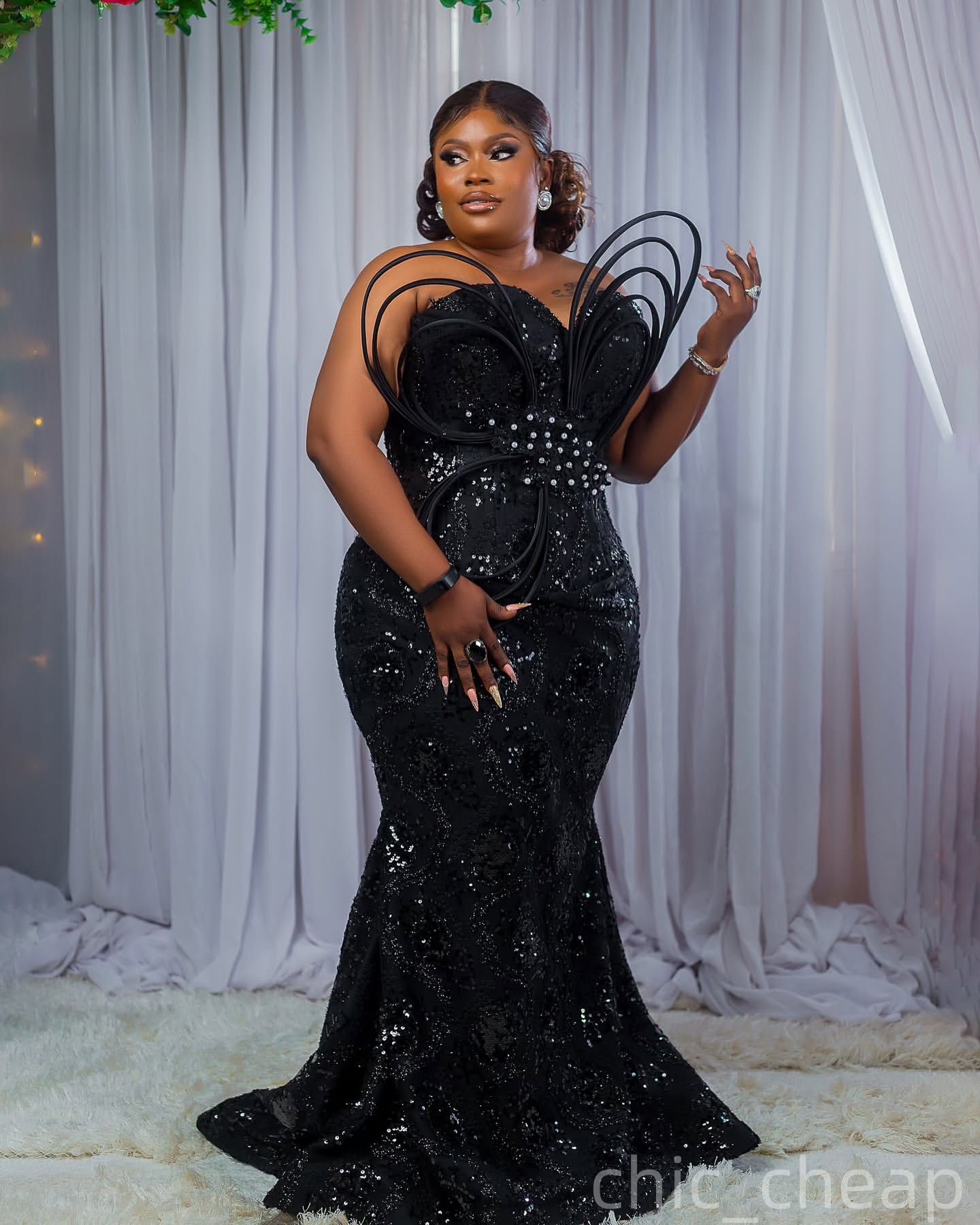 Mermaid Black Plus Size Prom Dresses 2025 Sequined Lace Crystals Stylish Evening Formal Party Second Birthday Engagement Gowns Dress For Special Occas