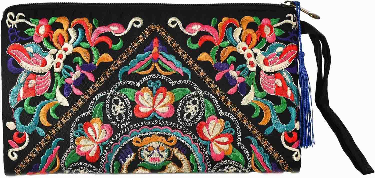 Embroidered Boho Wristlet Women Girls Evening Clutch Bags Handbags Handmade Beach Bag With Lanyard Z25909