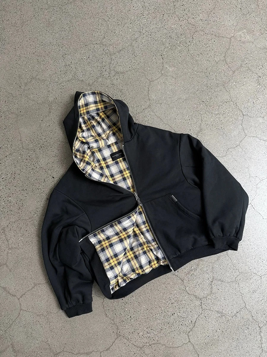 Korean Style Waffle Checkered Reversible Street Hiphop Hoodie Y2k Streetwear Gothic Harajuku Zip Up Sweatshirt 250909