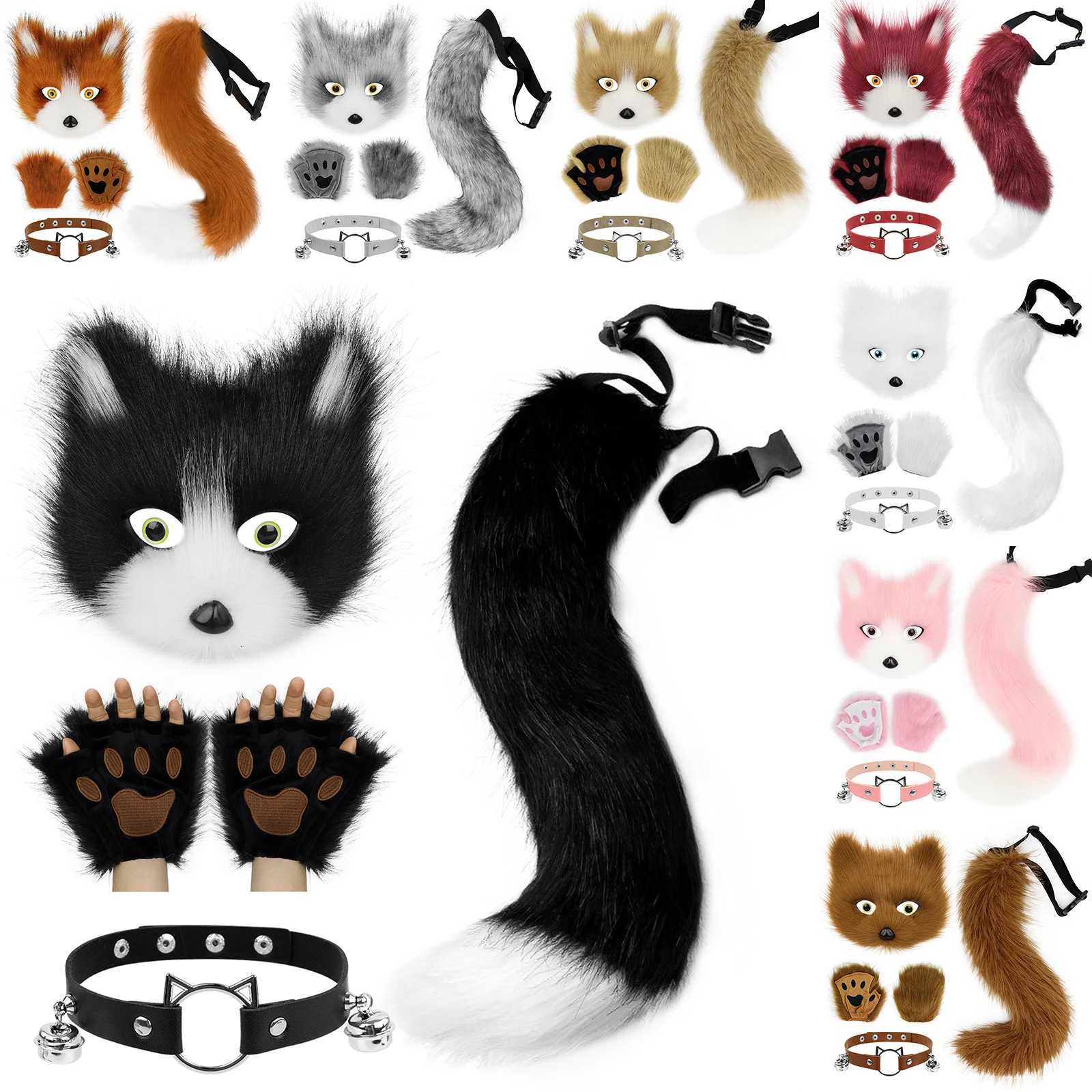 Faux Fur Fox Tail Cat Mask Paw Gloves and Leather Choker Costume Accessories Set for Cosplay Parties H250908
