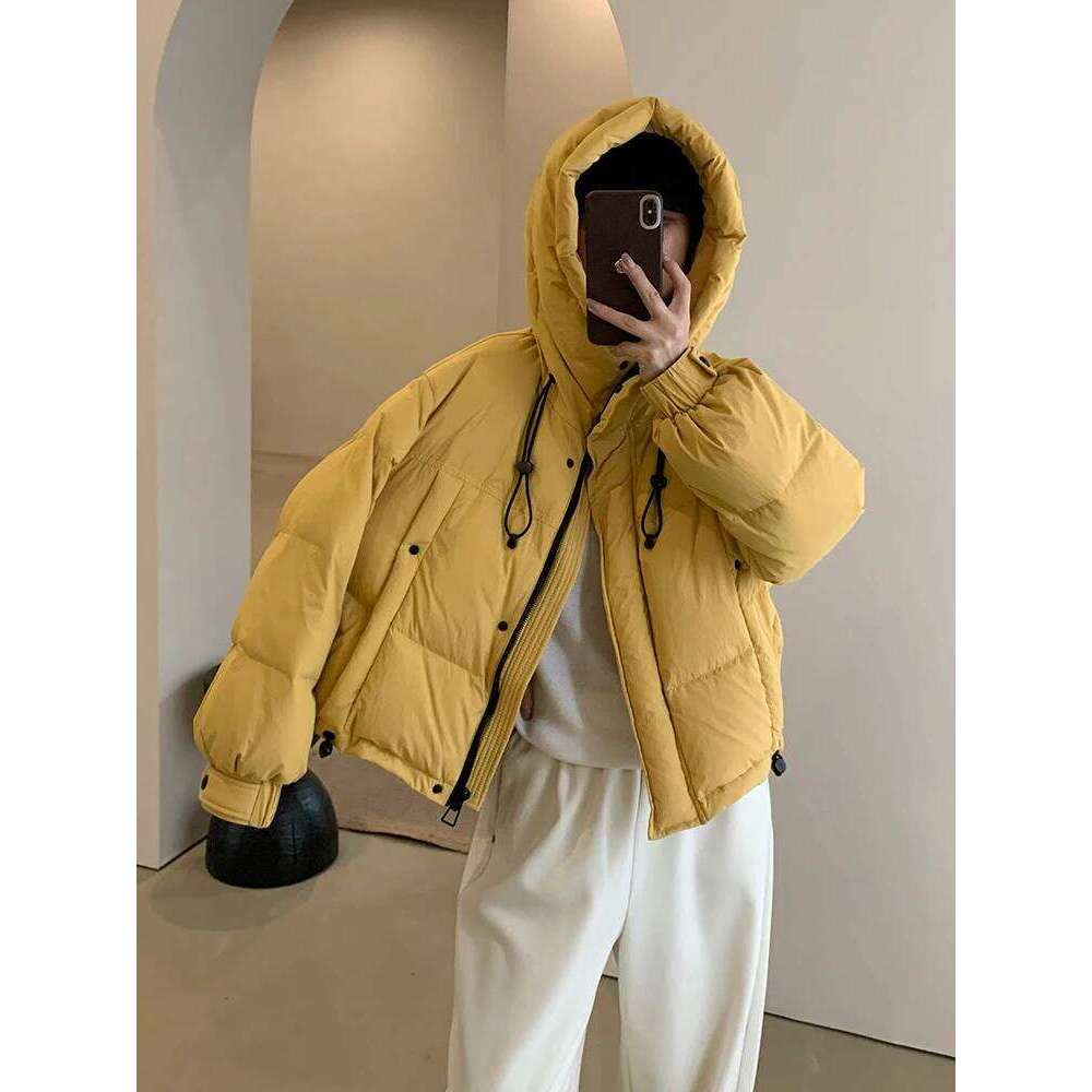 Winter Short Hooded Drawstring Women White Duck Loose Parker Down Jacket Female Solid Zipper Warm Bread Outwear