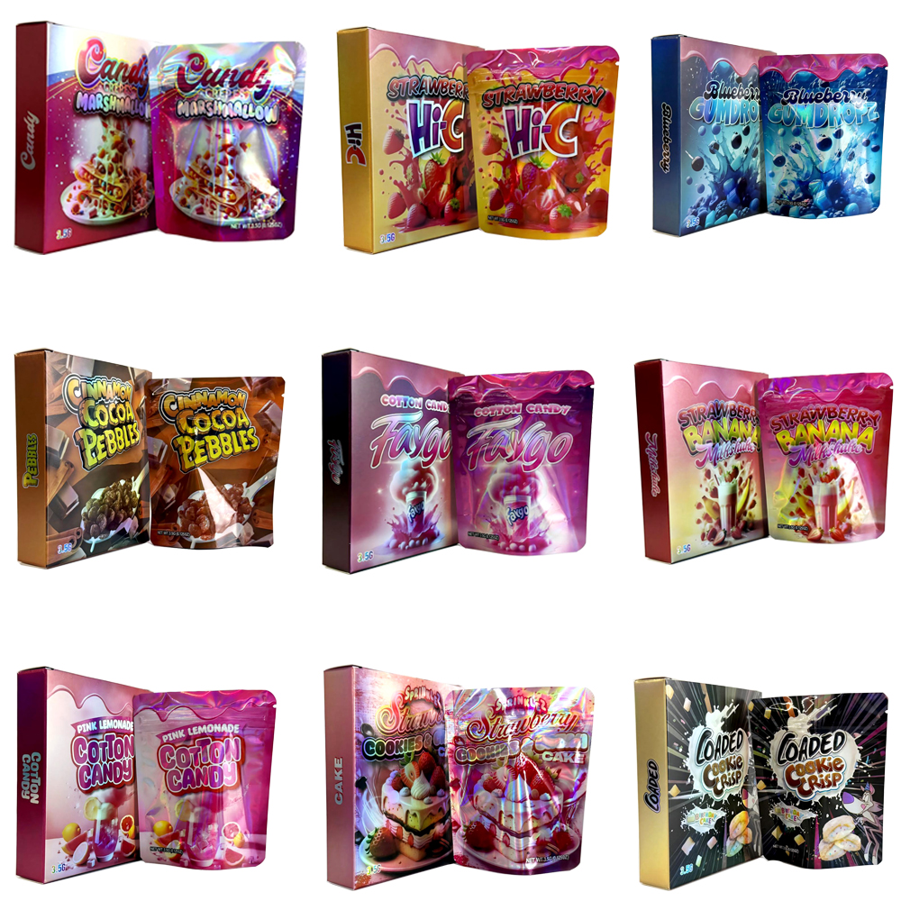 Mix Designs Packaging Mylar Bags With Box 3.5g Empty Storage Paper Boxes Kit And Zipper Plastic Pouch Candy Case Container