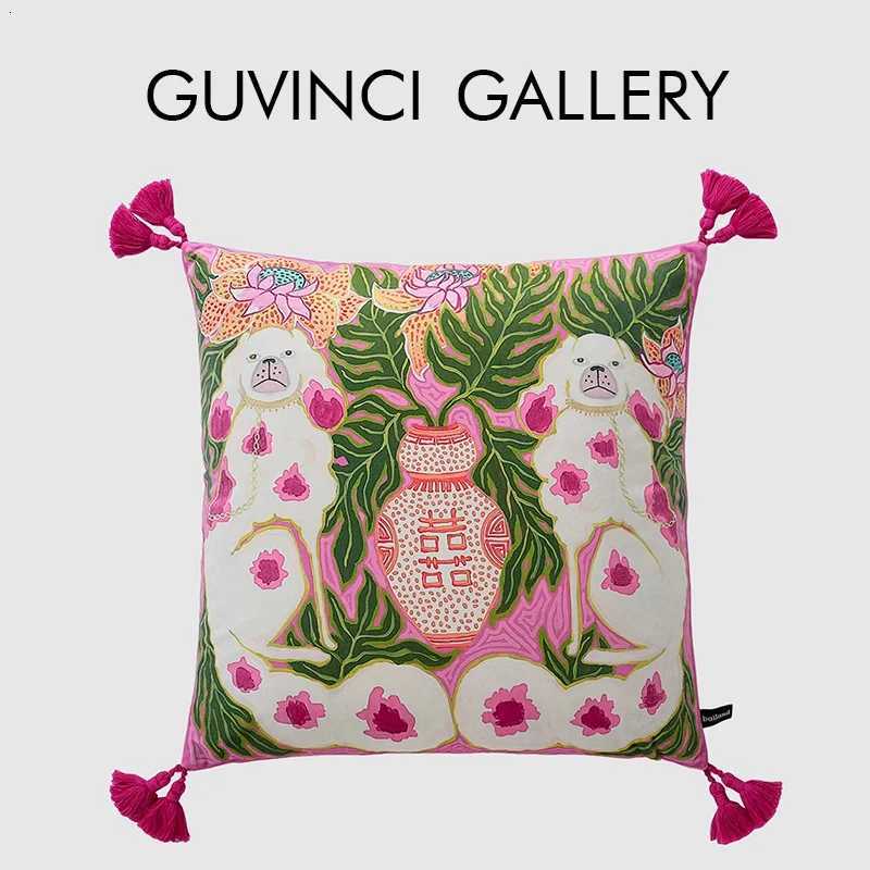 Luxurious GUVINCI Pink Lion Dog Decorative Cushion Cover Chinoiserie Style Luxury Mystical Animals Print Art Pillowcase For Sofa Bed Couch Y251109