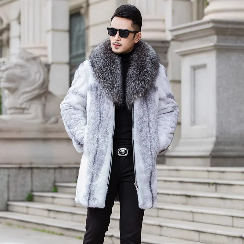 Mens midlength mink coat Fox fur Collar Jacket Mink fur casual zipper jacket 250908