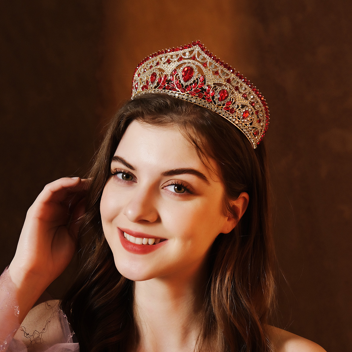 Exquisitely Luxurious High Craft Bridal Tiara Adorned with Glistening Red Crystals Stunning Ethnic Style Wedding Crown with Full Diamond Sparkle