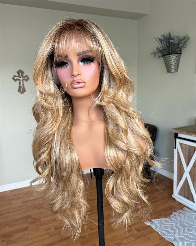 Light Honey Blonde Highlights Ombre Blonde Wig Body Wave Human Hair Wigs with Bangs Glueless Lace Wigs 13x4 Transparent Lace Front Wig For Women
