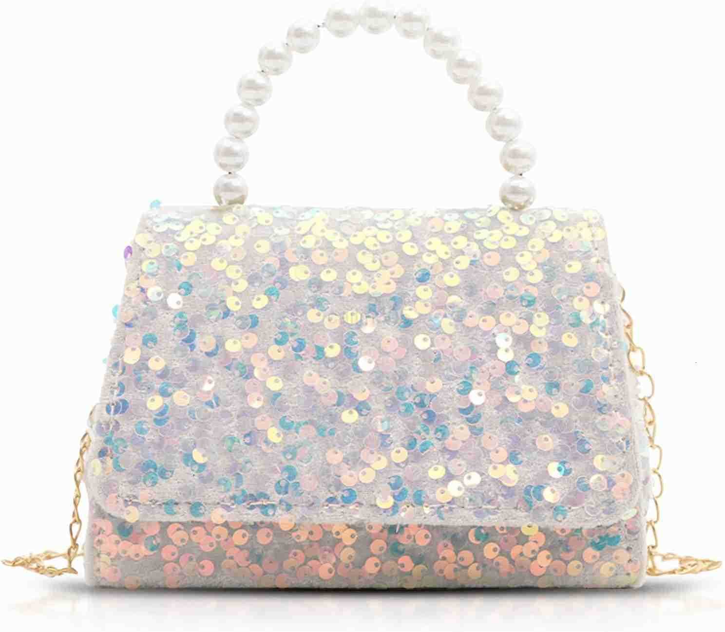 Bag for Women Sequin Pearl Handles Clutch Purses Crossbody Bag for Wedding Prom Parties TravelWhite Z25909