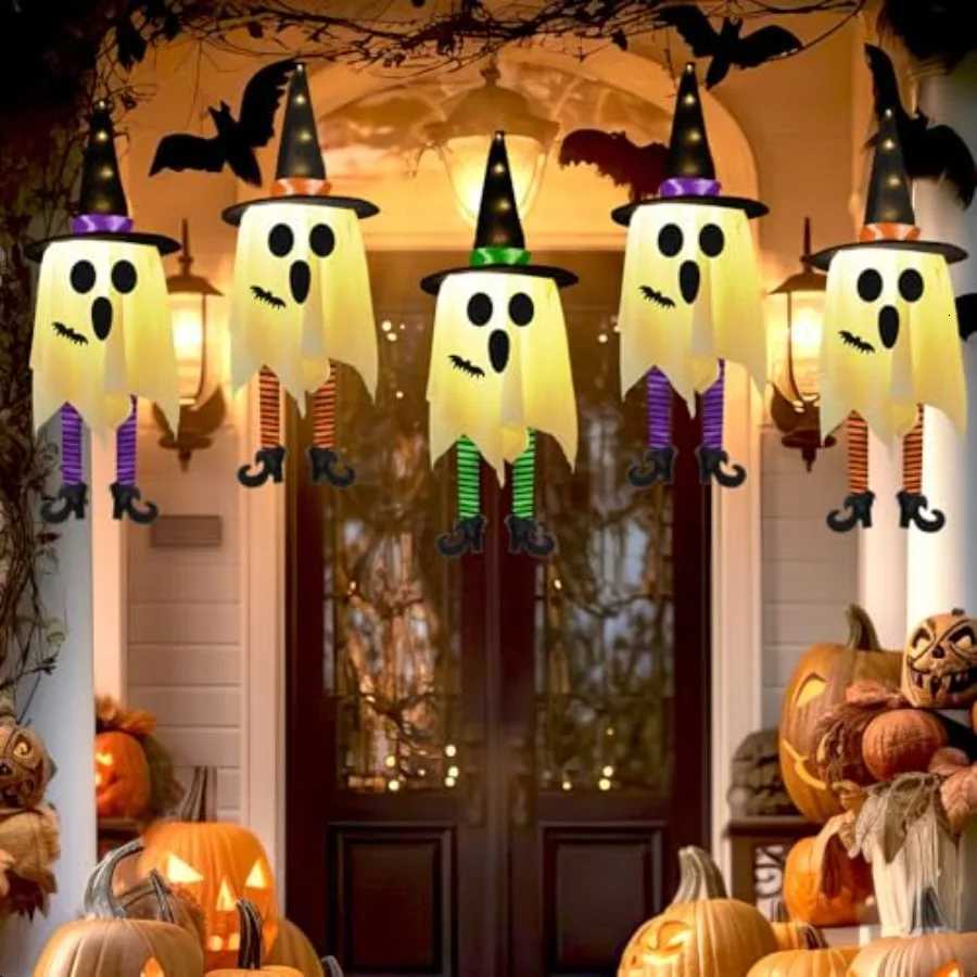 3pcs Halloween Hanging Ghosts Outdoor Decorations Ghosts of Halloween with Witch Hat Outdoor Hanging Ghost Decor Glowing Ghost H250908