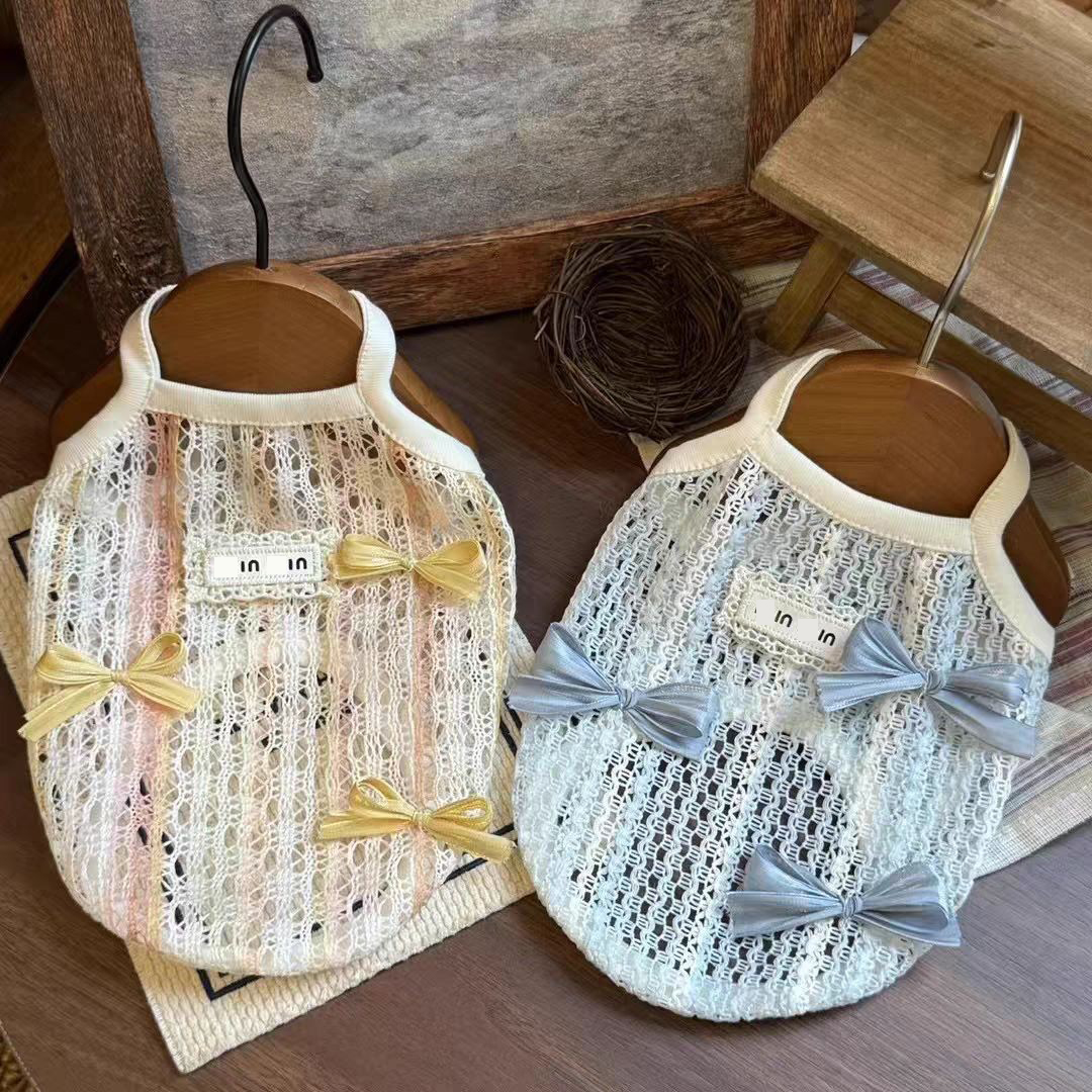 Dog Shirt Vest Hollow Out Lace Lightweight Dog T-Shirts with Small Bow Soft Cool Sleeveless Vests Breathable Clothes for Puppy Kitty Cats Small Medium