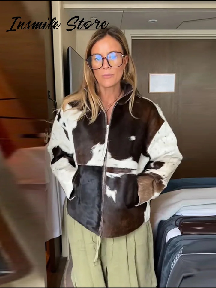 Chic Cow Pattern Zipper Short Jacket Women Lapel Full Sleeve Pockets Loose Coat Female Autumn Lady Street Outwear 250909