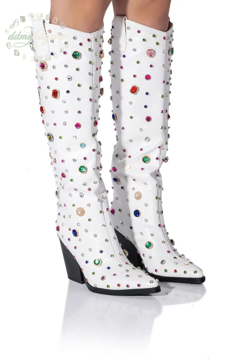 Bestseller Bestseller Bestseller Bestseller Womens dia high heels boots Cowgirl Pointed Toe Knee High Colorful Gem Long Lady Fashion White Boots ddmyb