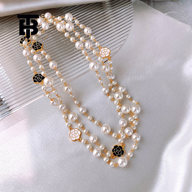 TB BHULAMTE Free Shipping New Designer Accessories Chanel Style Long Pearl Necklace Double Layer Camellia Sweater Chain For Women Trendy Autumn Winter