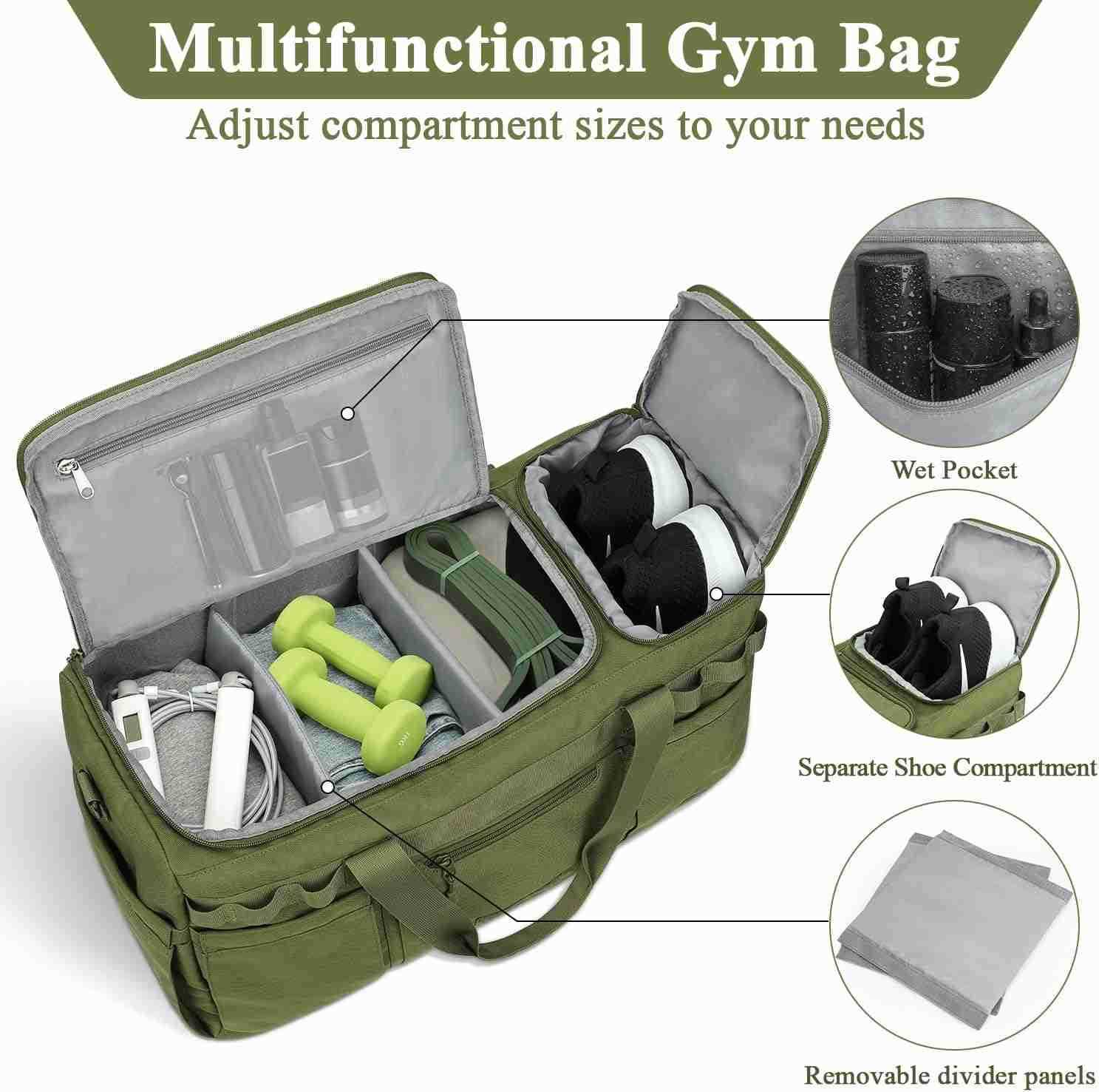 Gym Bag for Men Women Tactical Travel Duffel bag with Removable Dividers Shoe Compartment Weekender Carry on Bag with Toiletry Bag Overnight Range Bag