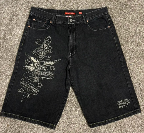 Retro slanted side pocket mens denim shorts InsY2k fashionable loose street and womens hiphop basketball pants 240808