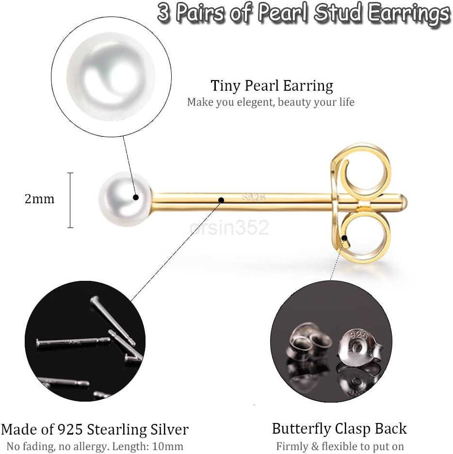 Sterling Silver Stud Earrings for Women 3 Pairs of 2mm Tiny Ball Stud Earrings Round CZ Cubic Zirconia Earrings Pearl Earrings Set Cartilage Small Tra