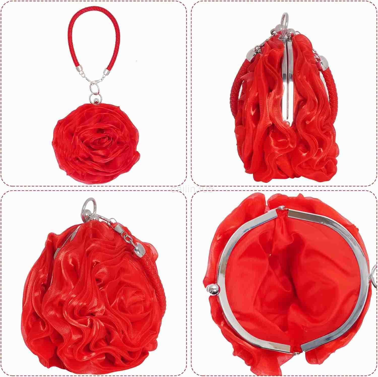 Rose Clutch Satin Rose Shaped Clutch Handbag Floral Evening Bag Red for Wedding Party Christmas Mothers Day Gift Z25909