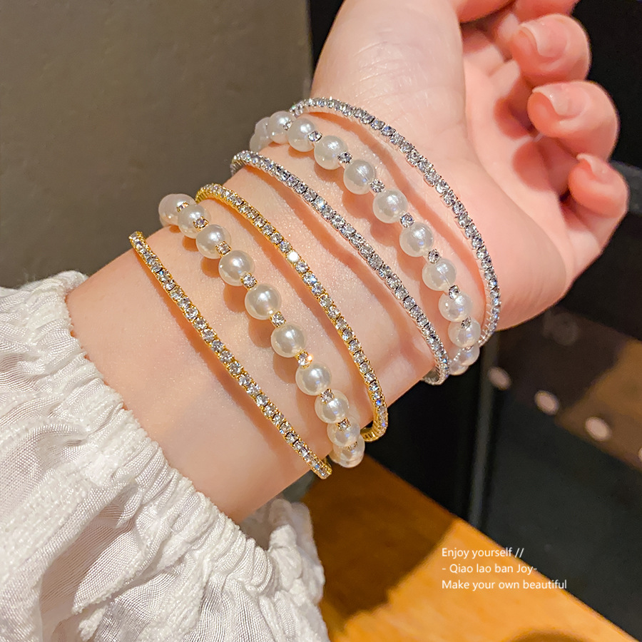 Silver-Tone Multi-Layer Bracelet With Pearl Beads & Crystal-Encrusted Accents, Elegant Dainty Style, Perfect For Elevating Feminine Daily Or Special-O