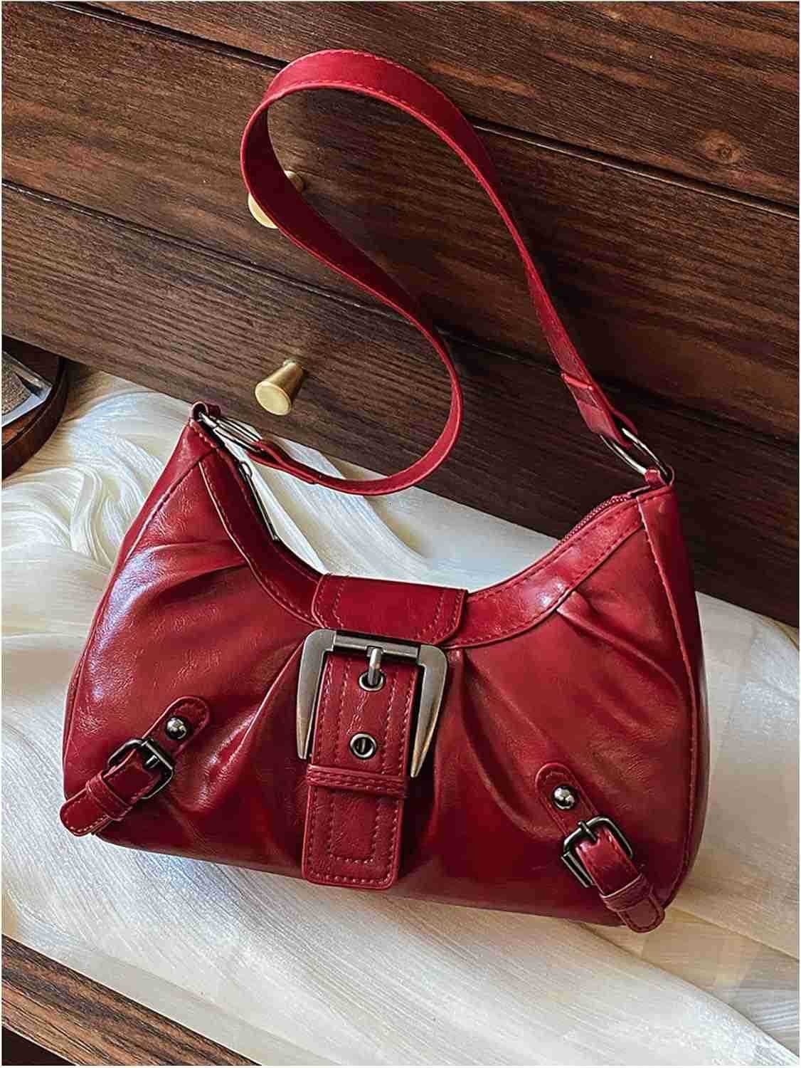 Womens PU Leather Ruched Shoulder Handbags Buckle Single Strap Punk Y2K Hobo Bags Z250909