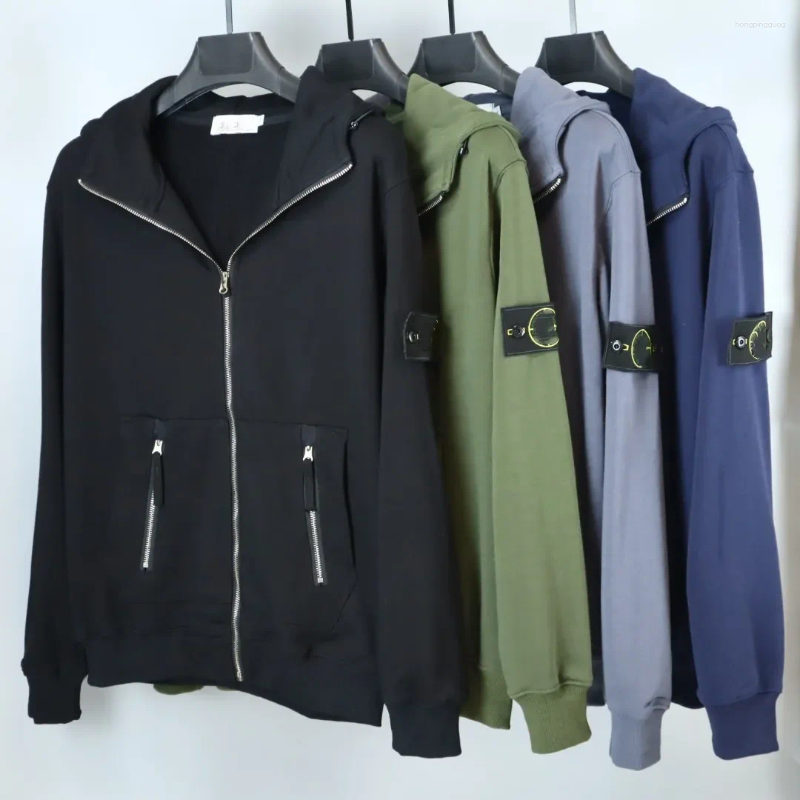 Men's Hoodies Spring Autumn Style Loose Metal Zipper Decorative Compass Sleeve Logo Jacket Pure Color Sweatshirt Coat