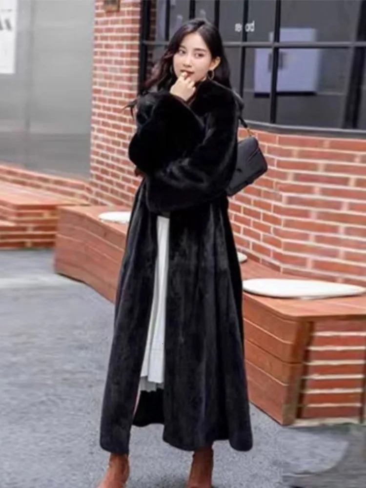 Faux Fur Hooded Coat With Belt Hat Women Mink Fur Extended Long Coats Warm Thicken Overcoat Slimming Fluffy Outwear Top 250908